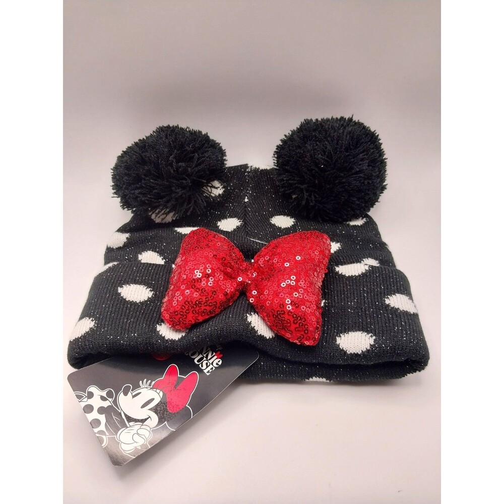 Disney Parks Minnie Mouse Pom Pom Beanie Winter Hat Adult Size OSFM Bow